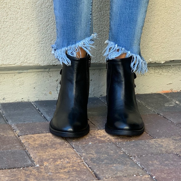 Black Leather Distressed Triple Buckle Ankle Boots - Picture 5 of 8